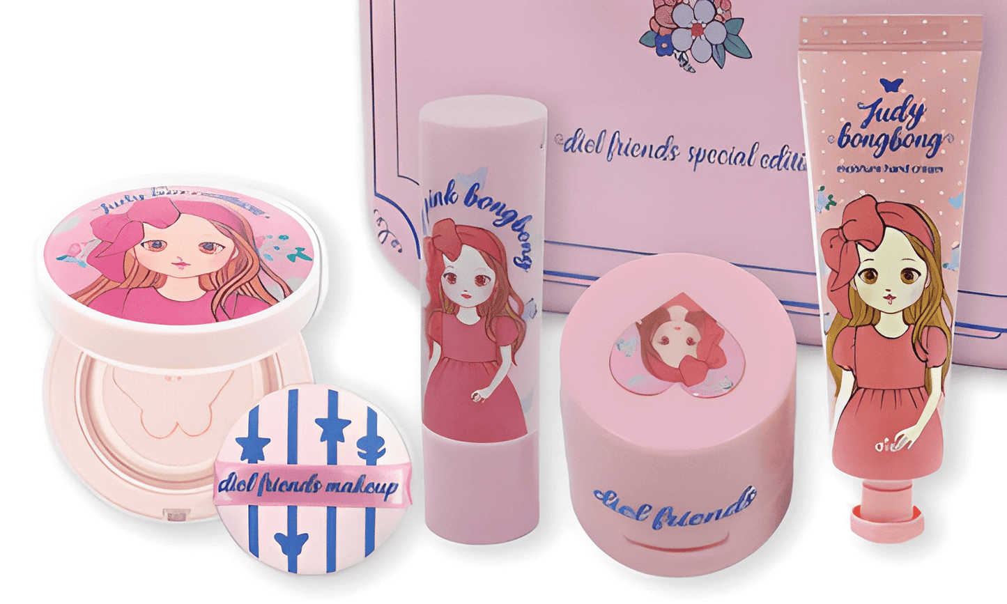 sun cushion, blush, lipstick, and cream set in kids makeup bag