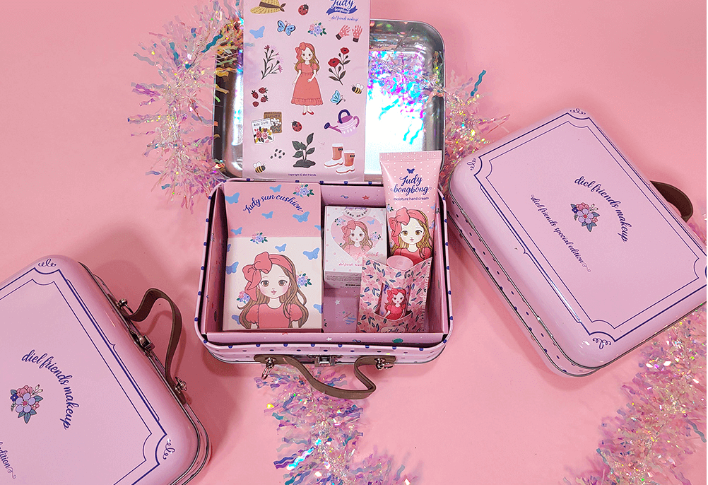 tin-style bag for kids with sun cushion, lipstick, and cheek stamp