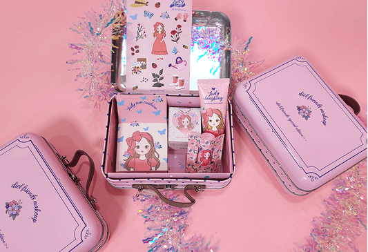 tin-style bag for kids with sun cushion, lipstick, and cheek stamp