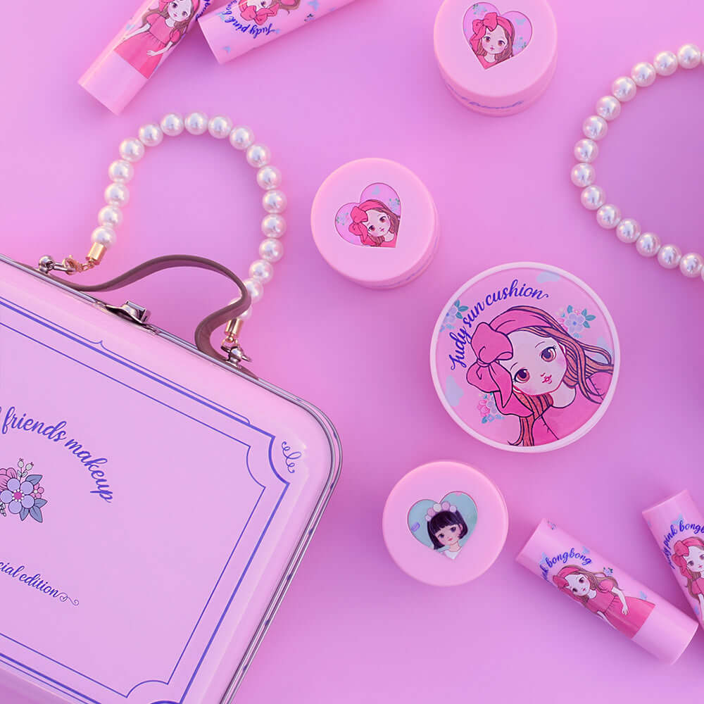 Judy-themed tin bag filled with safe cosmetics for children